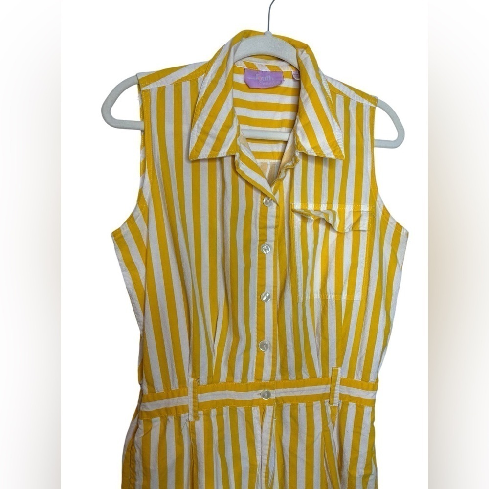 Sleeveless Yellow & White Striped Button-Front Romper - Picture 3 of 12